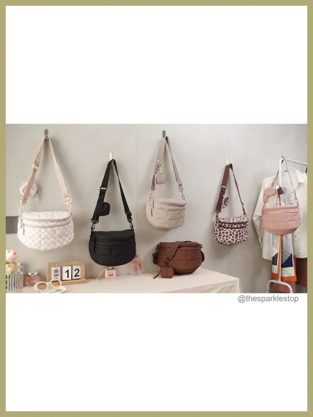 Quilted Nylon Puffer Crossbody Bag with Detachable Pouch, Adjustable Strap